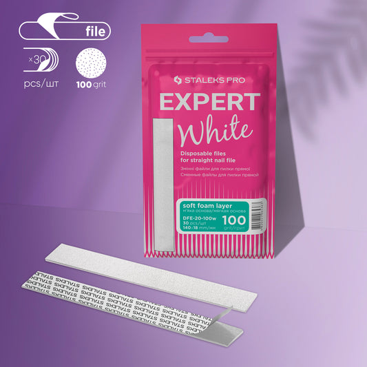Limas descartáveis ​​brancas para lixa de unha reta (base macia) Staleks Pro Expert 20, grão 100 (30 unid.), DFE-20-100w