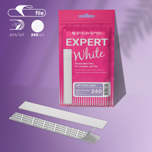 Biele jednorazové pilníky na rovný pilník (mäkká základňa) Staleks Pro Expert 20, zrnitosť 240 (30 ks), DFE-20-240w